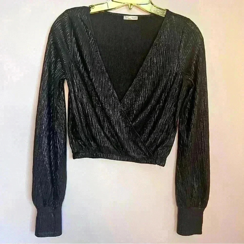 Zara Crop Top, Shiny Silver Black, Size S, EUC